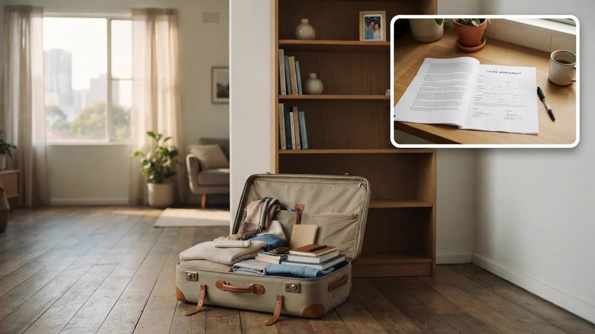 A half packed suitcase beside an empty bookshelf in a Melbourne apartment